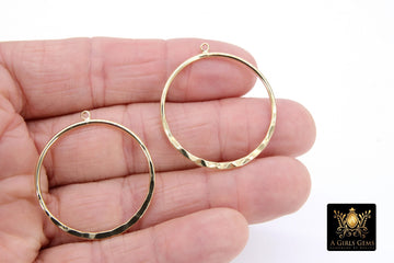 Textured Gold Round Hoop Ear Rings, 35 mm Glittery Gold Charms #948, Hammered Wire Hoops